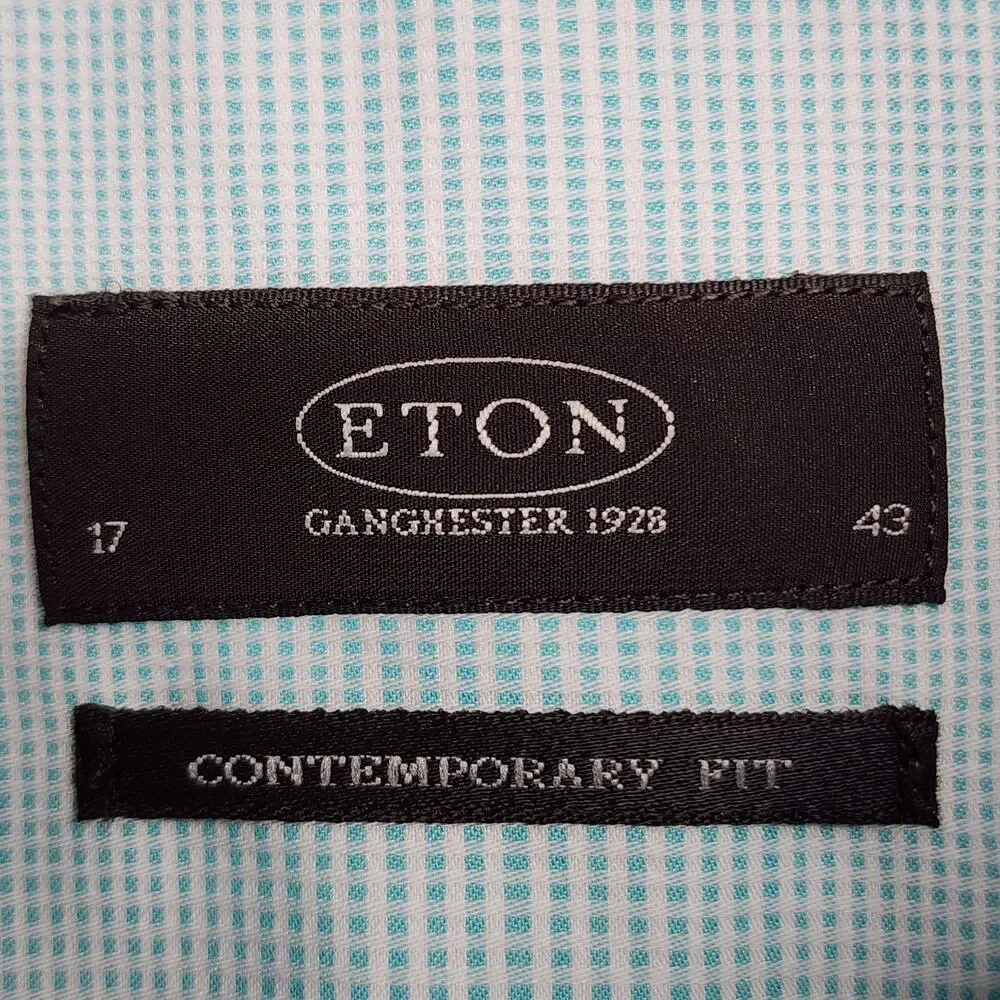 Eton Shirt Mens 17 43 Contemporary Fit Blue Micro Check Long Sleeve Button Up